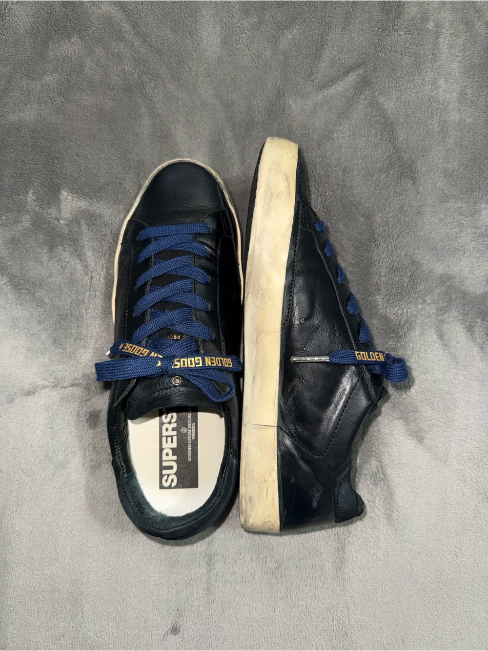 Golden Goose Navy Blue Leather Super Star Style with Blue Laces